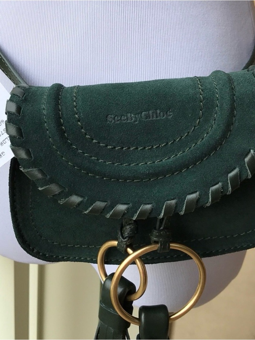 See By Chloe Dark Green Suede Crossbody with Gold Rings